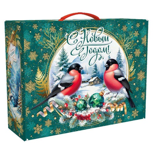 Подарок с конфетами «Чемодан Снегири» 1000г Премиум